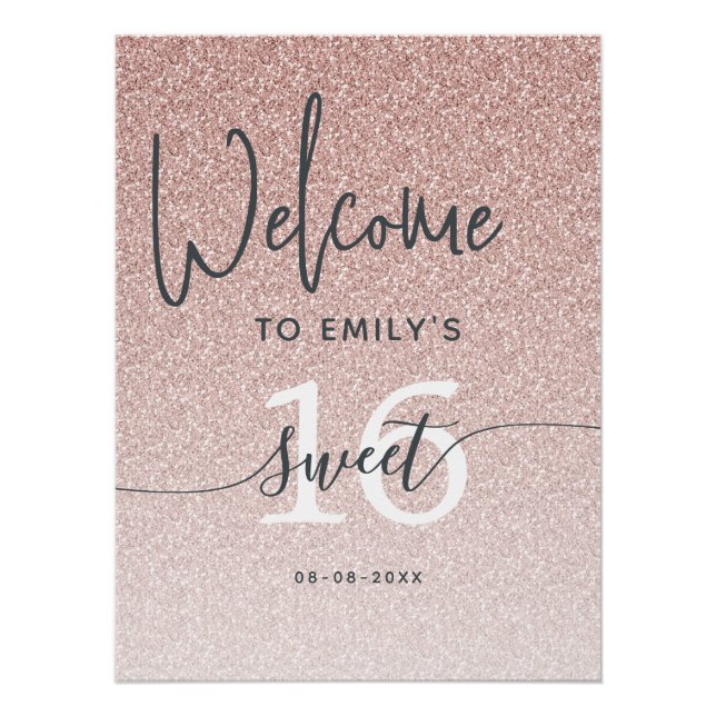 Sweet 16 Party Pink Glitter Welcome Sign Poster (Devant)