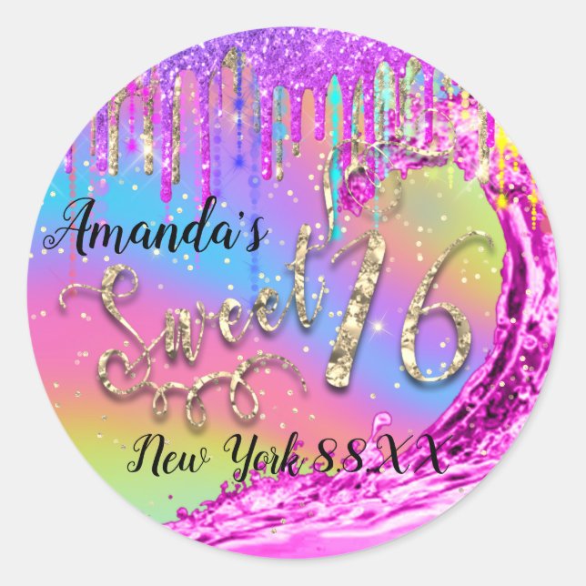 Sweet 16. Party Pink Waves Confetti Regenbogen Runder Aufkleber (Vorderseite)