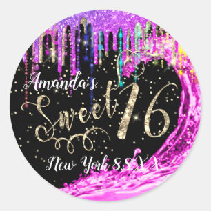 Sweet 16. Party Pink Waves Confetti Regenbogen Runder Aufkleber
