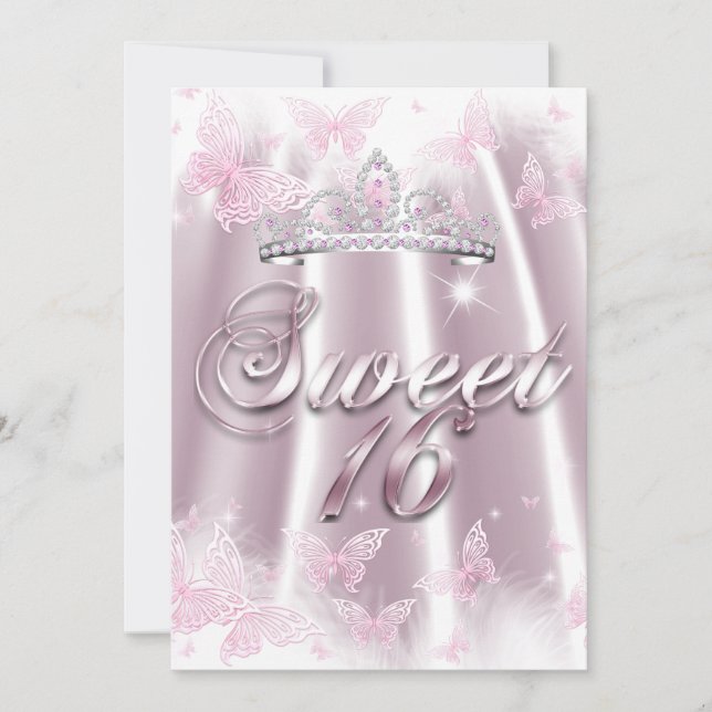 Sweet 16 Party Pink White Tiara Schmetterling Seid Einladung (Vorderseite)