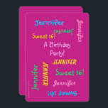 Sweet 16 Party Rosa Einladung, Personalisiert, Nam Einladung<br><div class="desc">Was für eine wundervolle, lustige Sweet 16 Party Einladung! Auf der Vorderseite wiederholt sich Ihr Text in verschiedenen Schriftart und Farben auf einem heißen rosa Hintergrund. Auf der Rückseite, die Veranstaltung Details. Es ist einfach, NAME, TEXT und DETAILS auf Vorder- und Rückseite zu ändern. Die optionale Keilkante trägt zum Spaß...</div>