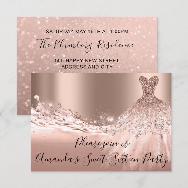 Sweet 16. Party Rose Gold Glitzer Ocean Dress Einladung (Vorne/Hinten)