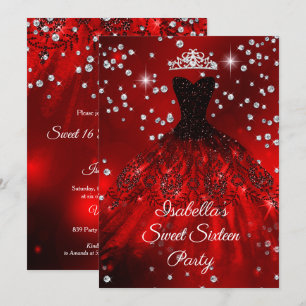 Sweet 16 Party Rotes Funkelkleid TIARA Einladung
