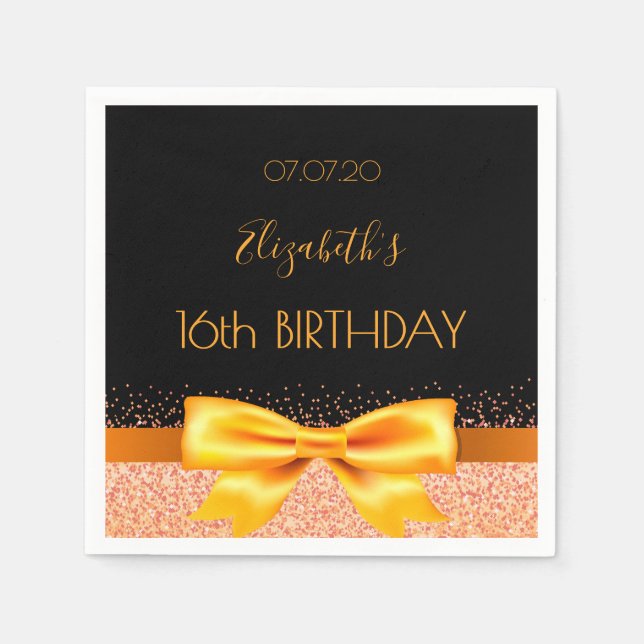 Sweet 16 Party schwarzer Goldname Serviette (Vorderseite)