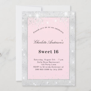 Sweet 16 Party silberrot Rosa Glitzer Einladung