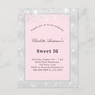 Sweet 16 Party silberrot Rosa Glitzer Einladungspostkarte