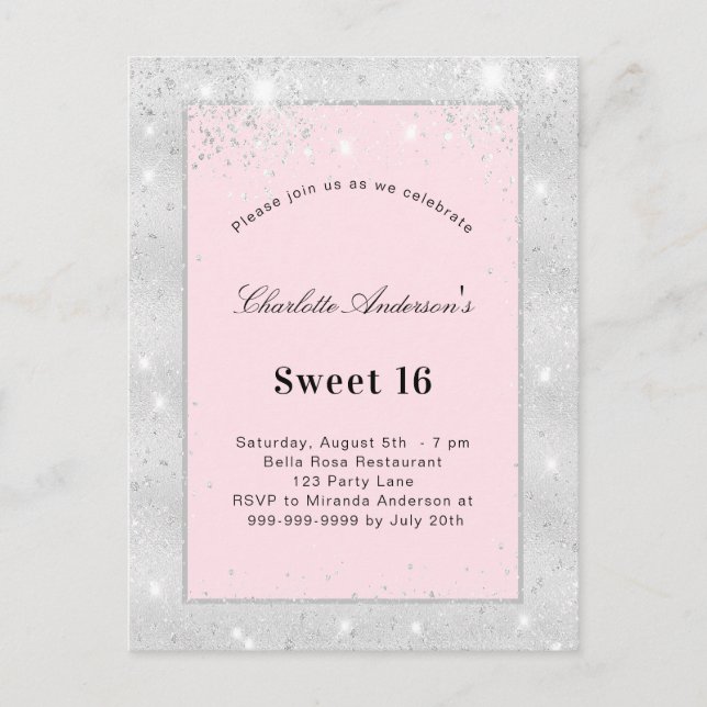 Sweet 16 Party silberrot Rosa Glitzer Einladungspostkarte (Vorderseite)
