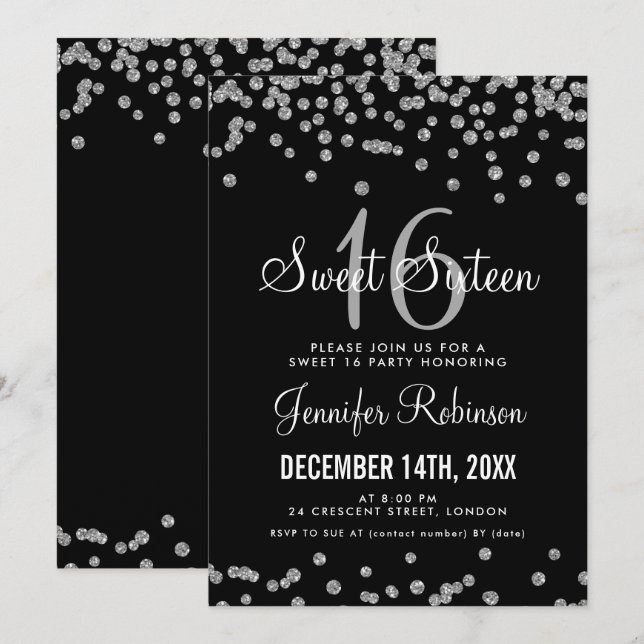 Sweet 16 Party Silver & Black Glitzer Confetti Einladung (Vorne/Hinten)