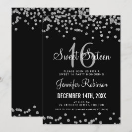 Sweet 16 Party Silver & Black Glitzer Confetti Einladung