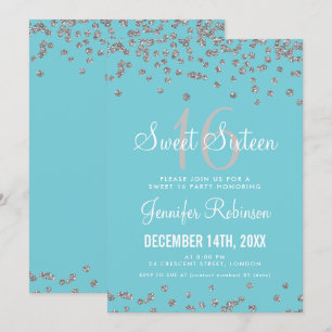 Sweet 16 Party Silver & Blue Glitzer Confetti Einladung