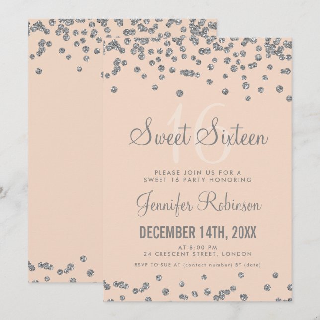 Sweet 16 Party Silver & Blush Glitzer Confetti Einladung (Vorne/Hinten)