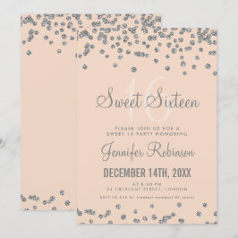 Sweet 16 Party Silver & Blush Glitzer Confetti Einladung