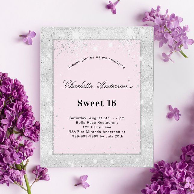 Sweet 16 party Silver Blush Pink Glitter Budget Flyer (Von Creator hochgeladen)