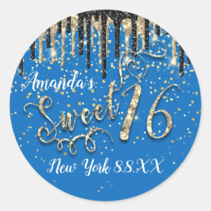 Sweet 16. Party Stars Herats Confetti Tropfen Gold Runder Aufkleber