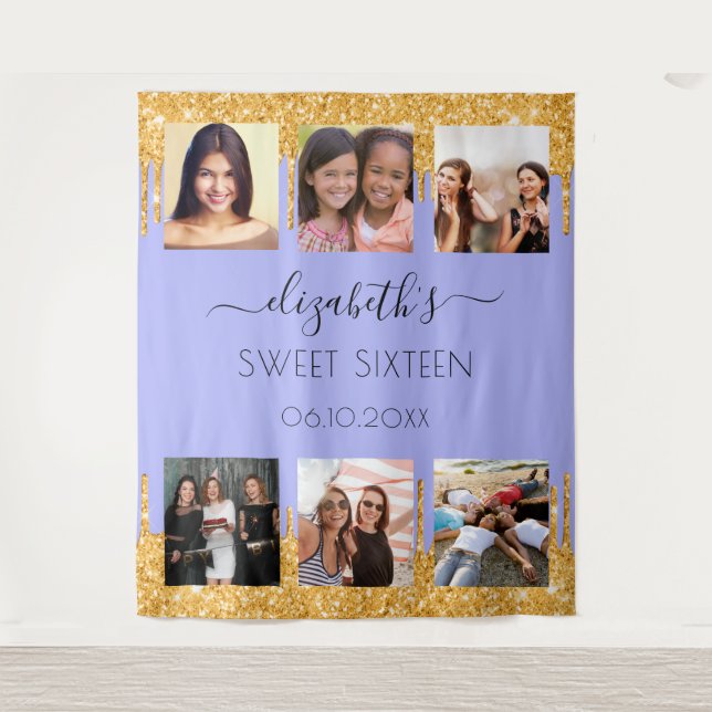 Sweet 16 Party violett Glitzer Foto Collage Wandteppich (Vorderseite)