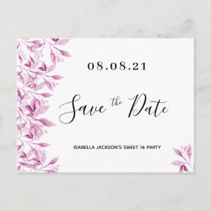 Sweet 16 Party, weiß, rosa Blumen Save the Date Postkarte