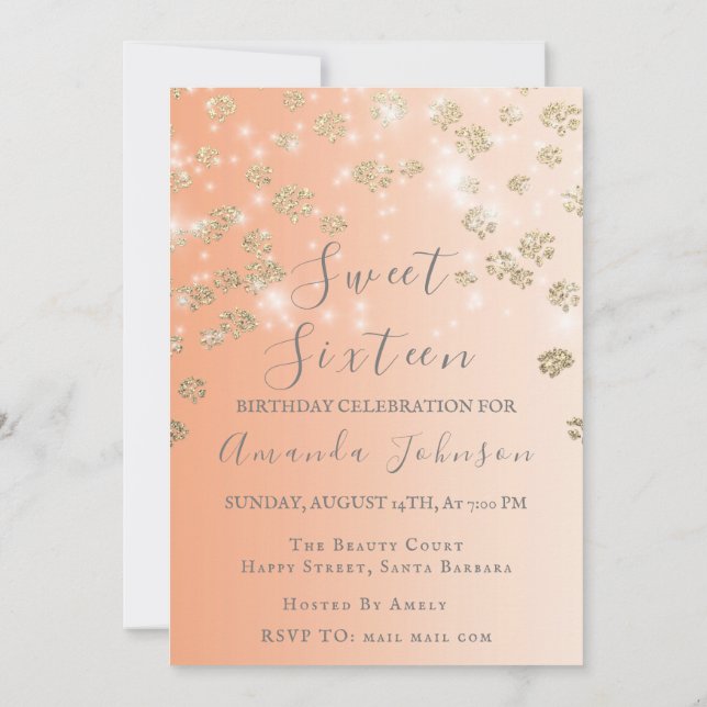 Sweet 16. Peach Blume Gold Ombre Foto Grau Einladung (Rückseite)