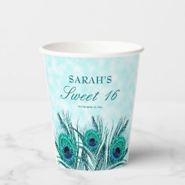 Sweet 16 Peacock Feathers Blue Aquamariner Glitzer Pappbecher
