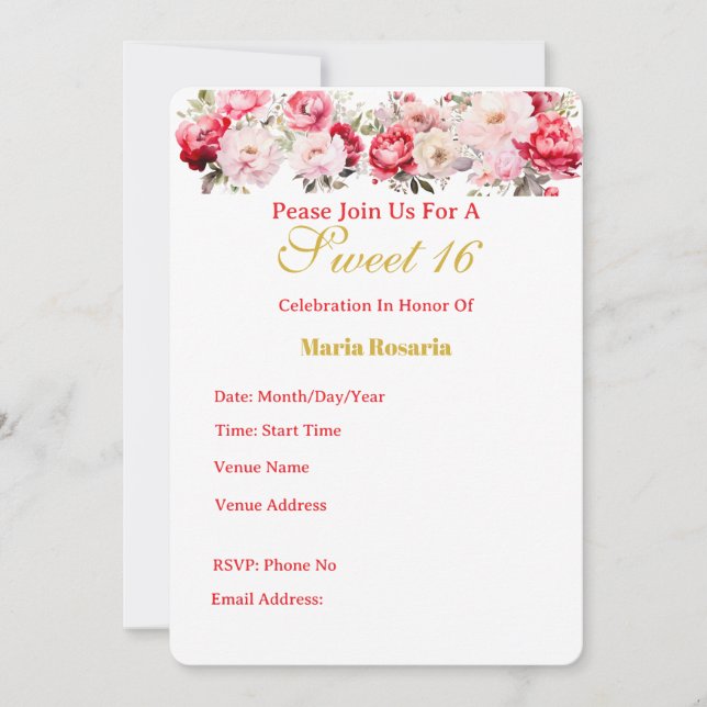 Sweet 16  Personalised Floral Invitation (Devant)