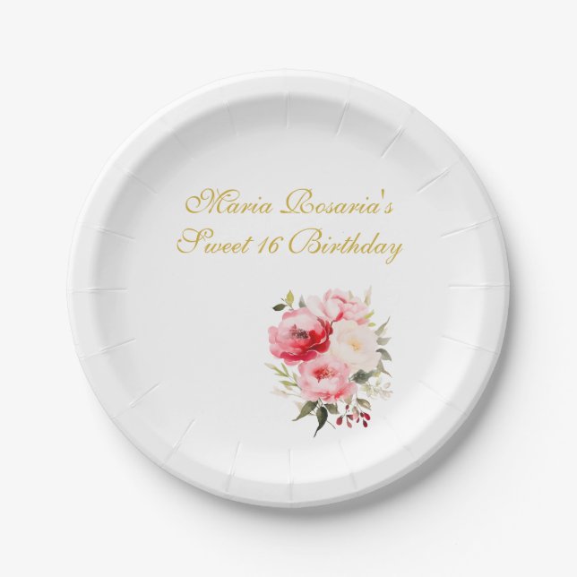 Sweet 16 Personalisiertes Blumengeschirr Pappteller (Vorderseite)