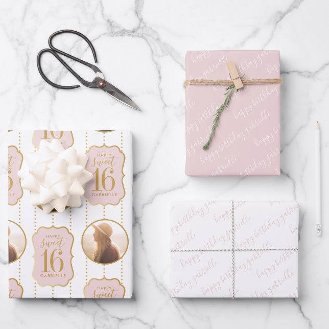 Sweet 16 Personalisiertes Foto und Name Rosa Geschenkpapier Set (Vorderseite)