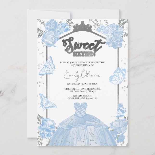 Sweet 16 Photo Invitation Papillon bleu Dusty (Devant)