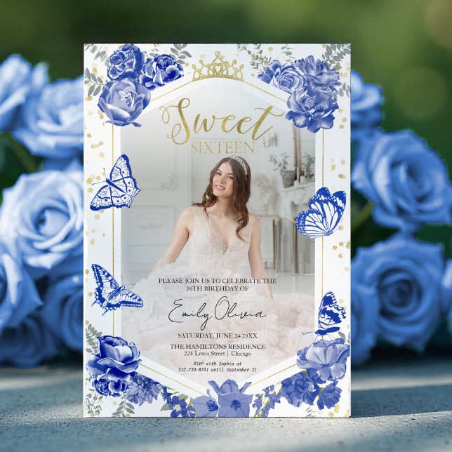 Sweet 16 Photo Invitation Royal Blue Butterfly (Créateur téléchargé)