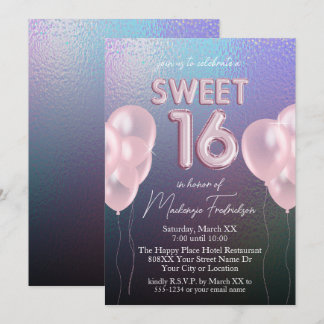 Sweet 16 Pink Balloons auf Dark Holographic Einladung
