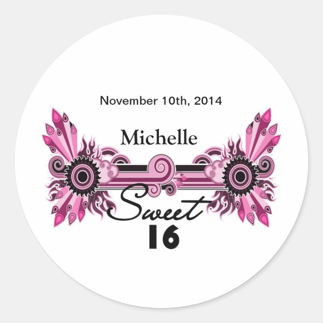 Sweet 16 Pink Black Scrolls & Wirbel Name Datum Runder Aufkleber (Vorderseite)