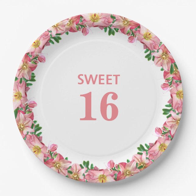 Sweet 16 Pink Blume Garland auf Weiß Pappteller (Vorderseite)