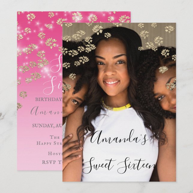 Sweet 16. Pink Blume Gold Ombre Foto Grau Einladung (Vorne/Hinten)