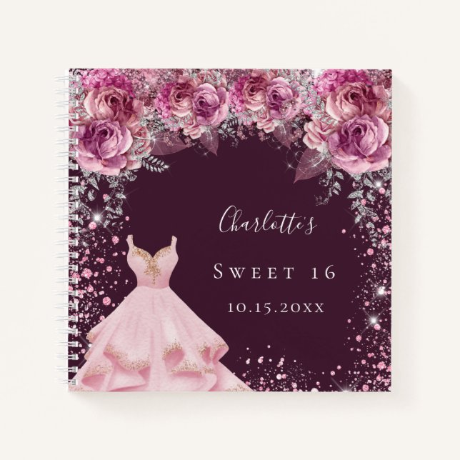 Sweet 16 pink bugundy Blumenkleid Gästebuch Notizbuch (Vorderseite)