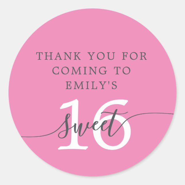 Sweet 16 Pink Danke Individuelle Name Runder Aufkleber (Vorderseite)
