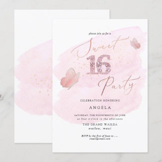 Sweet 16 Pink Diamond Butterflies Aquarell Einladung