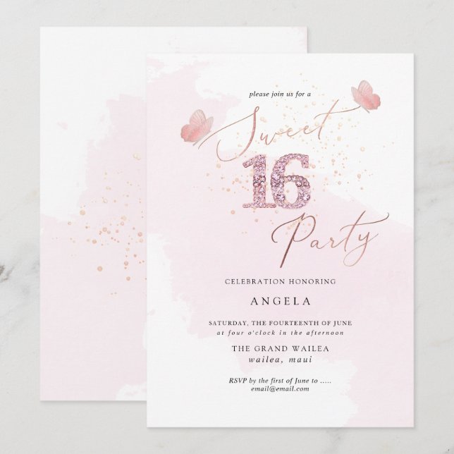 Sweet 16 Pink Diamond Butterflies Aquarellfarben I Einladung (Vorne/Hinten)