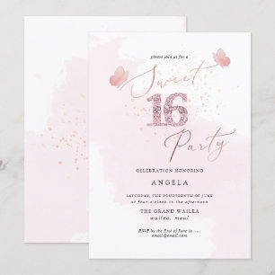 Sweet 16 Pink Diamond Butterflies Aquarellfarben I Einladung