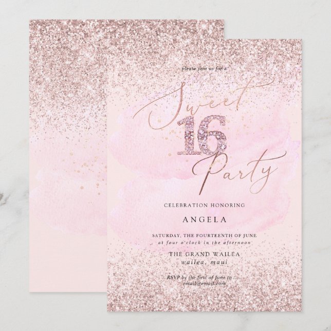 Sweet 16 Pink Diamond Glitzer Wasserfarbe Einladung (Vorne/Hinten)