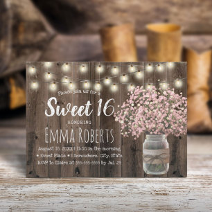 Sweet 16 Pink Gipskraut Floral Jar Barn Wood Einladung
