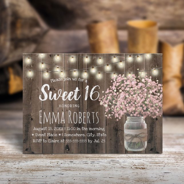 Sweet 16 Pink Gipskraut Floral Jar Barn Wood Einladung (Von Creator hochgeladen)