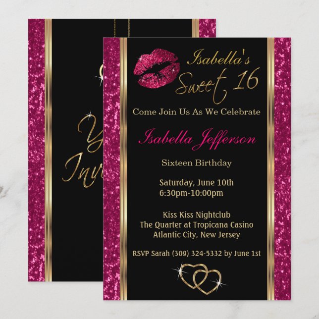 Sweet 16 Pink Glitzer Einladung (Vorne/Hinten)