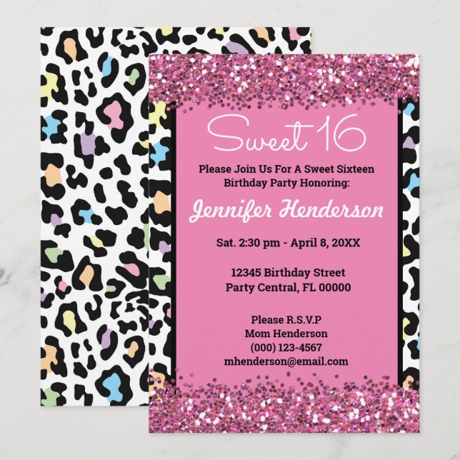 Sweet 16 Pink Glitzer Farbenfrohe Leopard Print Wi Einladung (Vorne/Hinten)