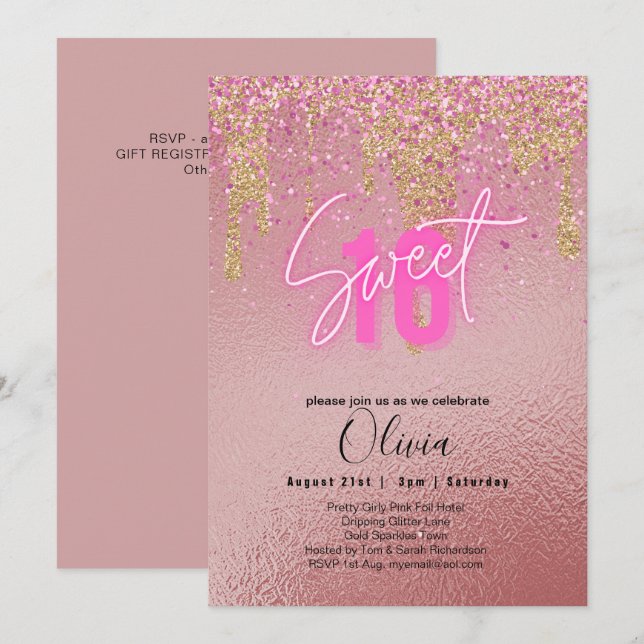 Sweet 16 Pink Glitzer Foil Girly Modern Fl Einladung (Vorne/Hinten)