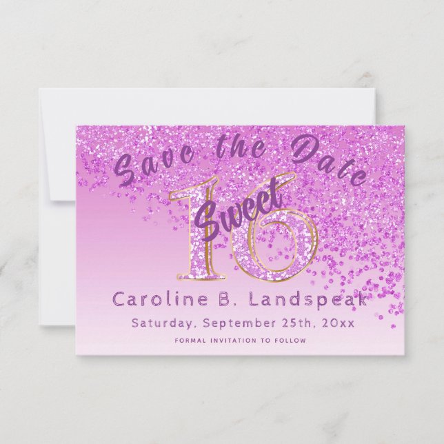 Sweet 16 Pink Glitzer Stilvoller Glitzer Nummer 16 Save The Date (Vorderseite)