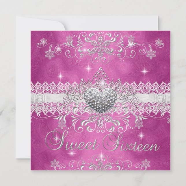 Sweet 16 Pink Glitzer Tiara Spitzenherz Einladung (Vorderseite)