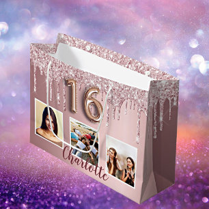 Sweet 16 pink Glitzer Tropfen Foto Monogramm 16. Große Geschenktüte