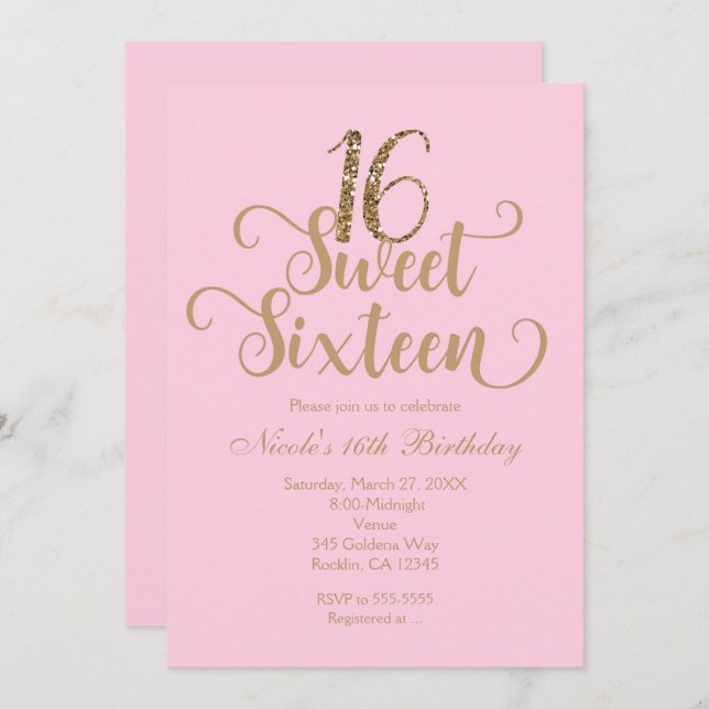 Sweet 16 Pink & Gold Anniversaire Invitations (Devant / Derrière)