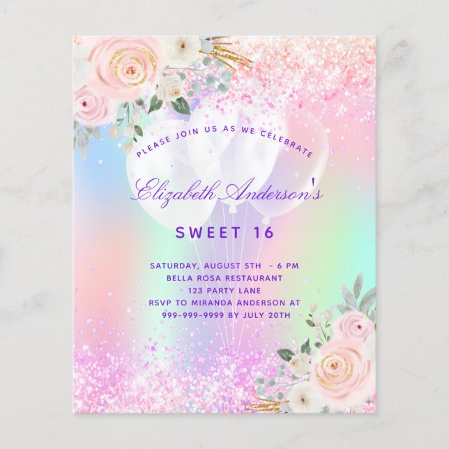 Sweet 16 Pink lila Blumenballon Budget Flyer (Vorne)