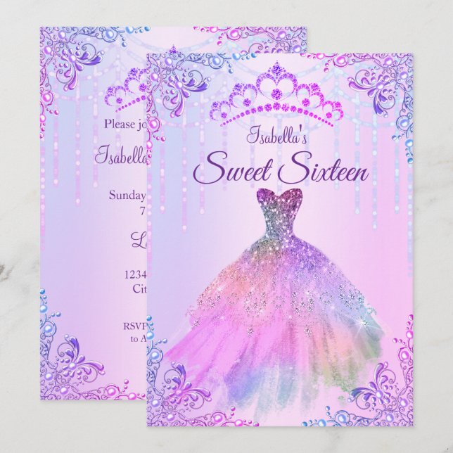 Sweet 16 Pink Lila Lilac Silver Pearl Gown Einladung (Vorne/Hinten)
