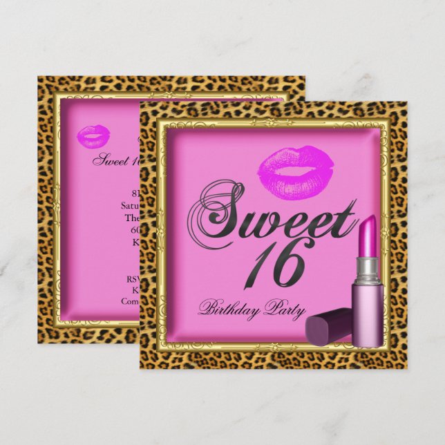 Sweet 16 Pink Lips Lipstick Leopard Gold Einladung (Vorne/Hinten)