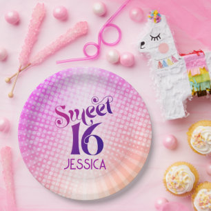 Sweet 16 Pink Orange Gradient Groovy Retro Boho Pappteller